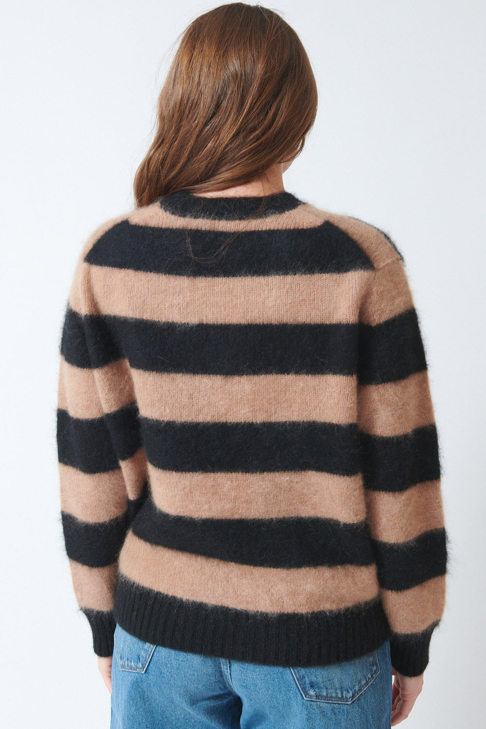 Julia wearing White + Warren Brushed Cashmere Striped Crew rear view