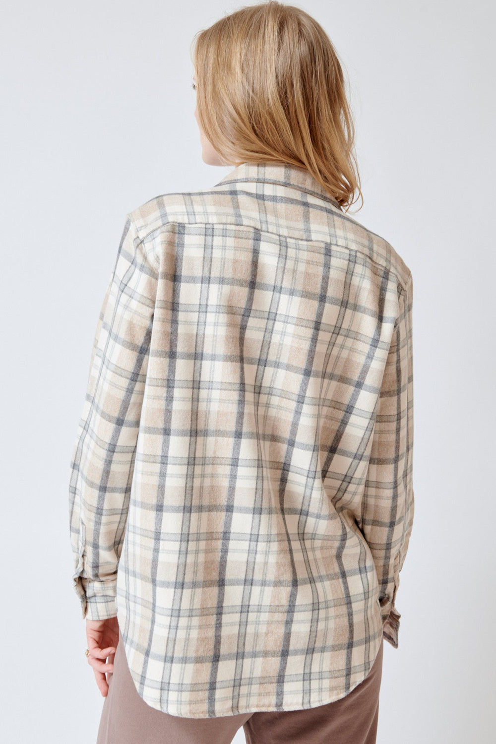 Madi wearing Frank & Eileen Eileen Relaxed Button Up Shirt rear view