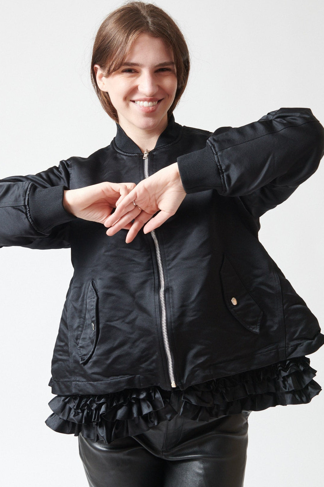 Sophie wearing Comme des Garçons Furbelow Jacket front view
