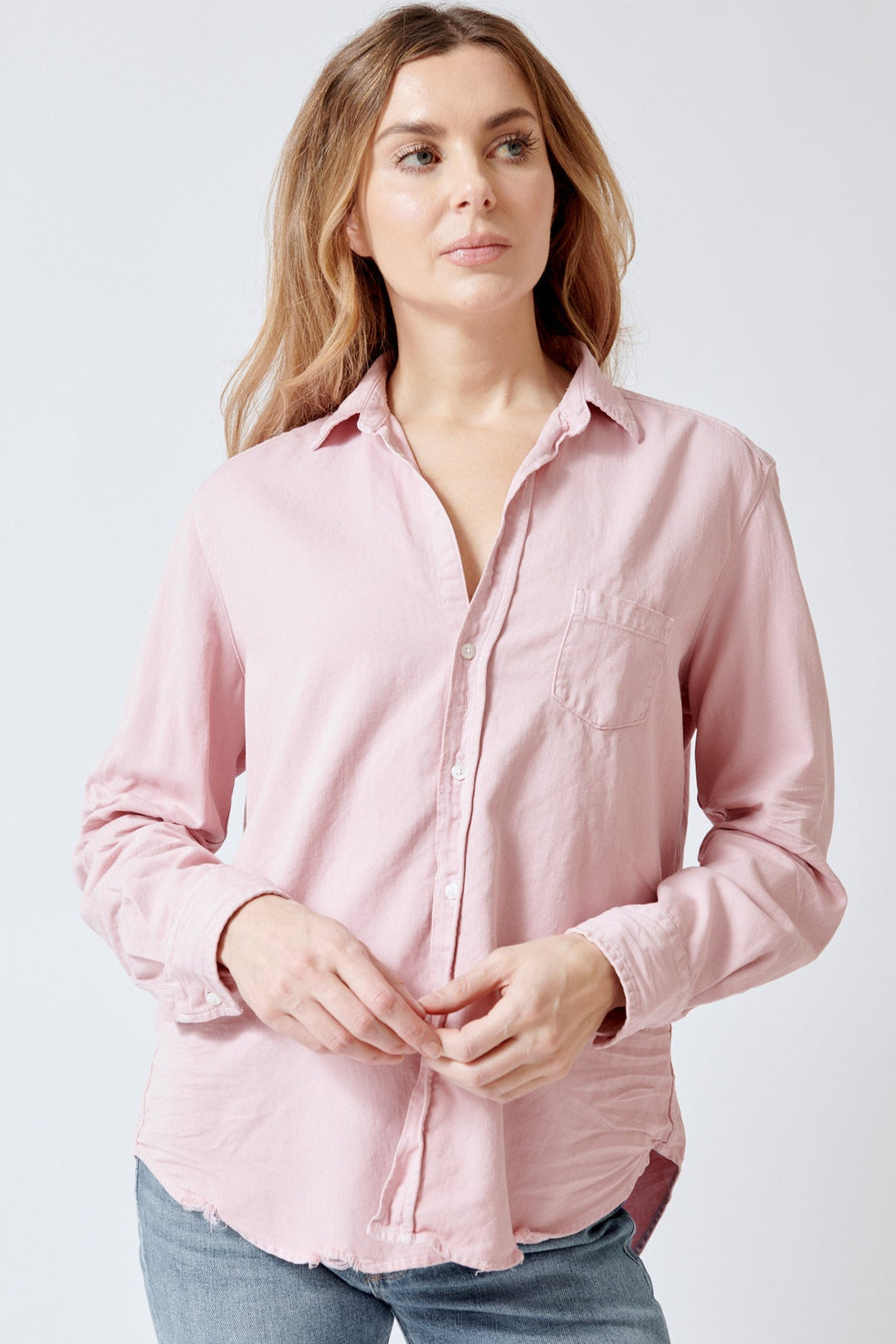 Mari wearing Frank & Eileen Eileen Relaxed Button Up Shirt front view