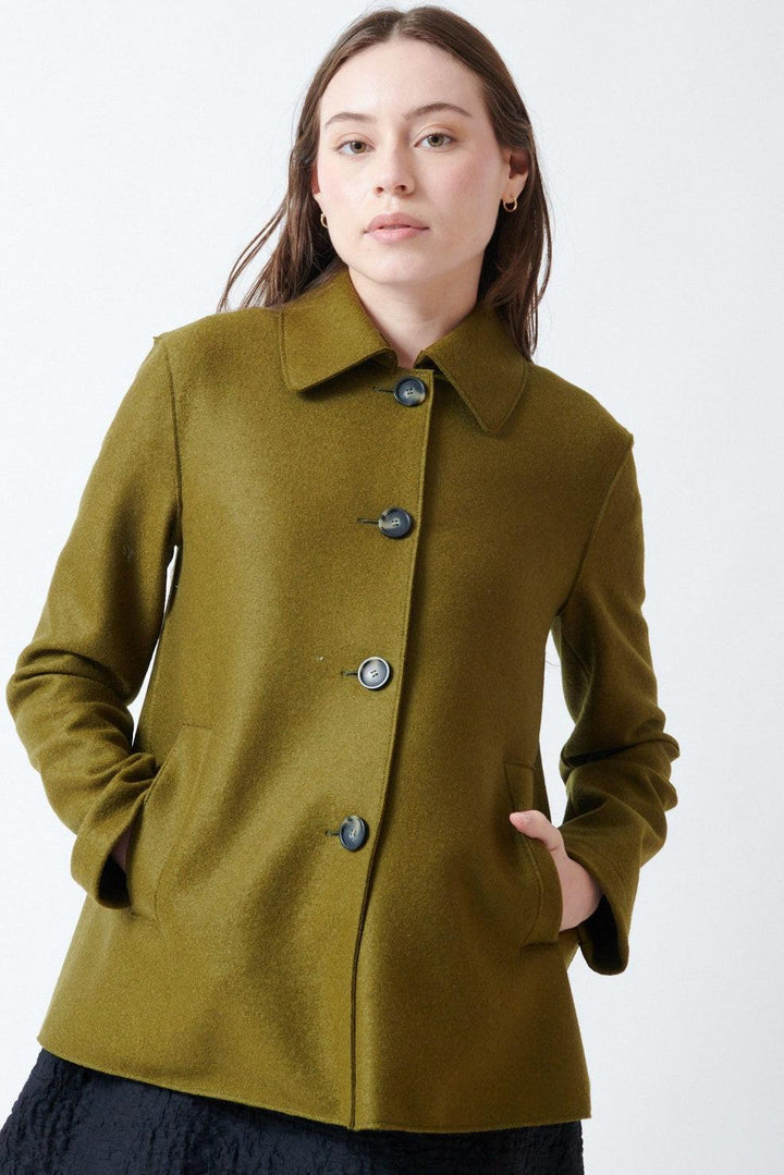 Angela wearing Harris Wharf Short Loden Light Pressed Wool Jacket front view