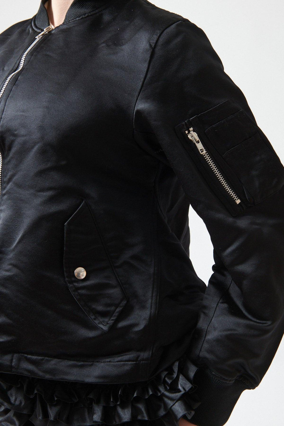 Sophie wearing Comme des Garçons Furbelow Jacket front/detail view