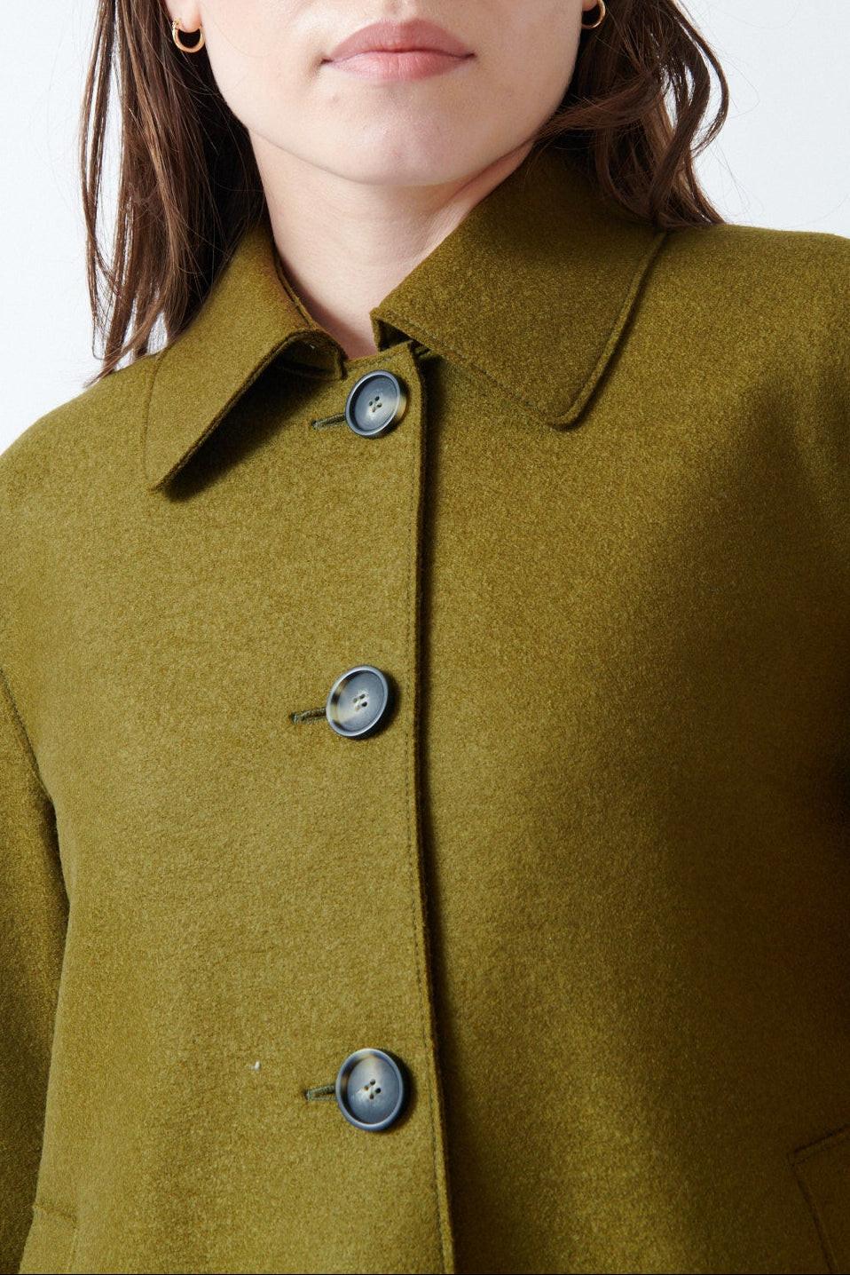 Angela wearing Harris Wharf Short Loden Light Pressed Wool Jacket front/detail view