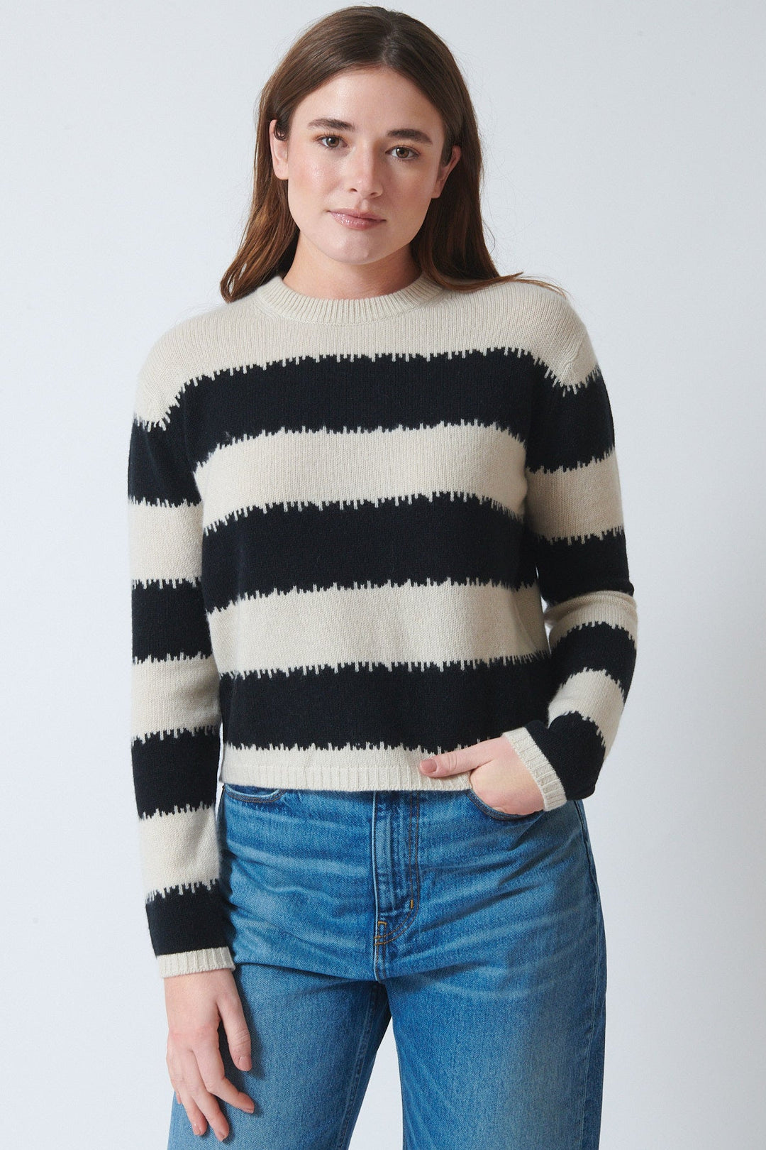 Julia wearing Jumper 1234 Broken Stripe Crew front view