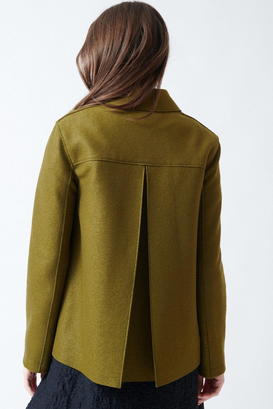Angela wearing Harris Wharf Short Loden Light Pressed Wool Jacket rear view