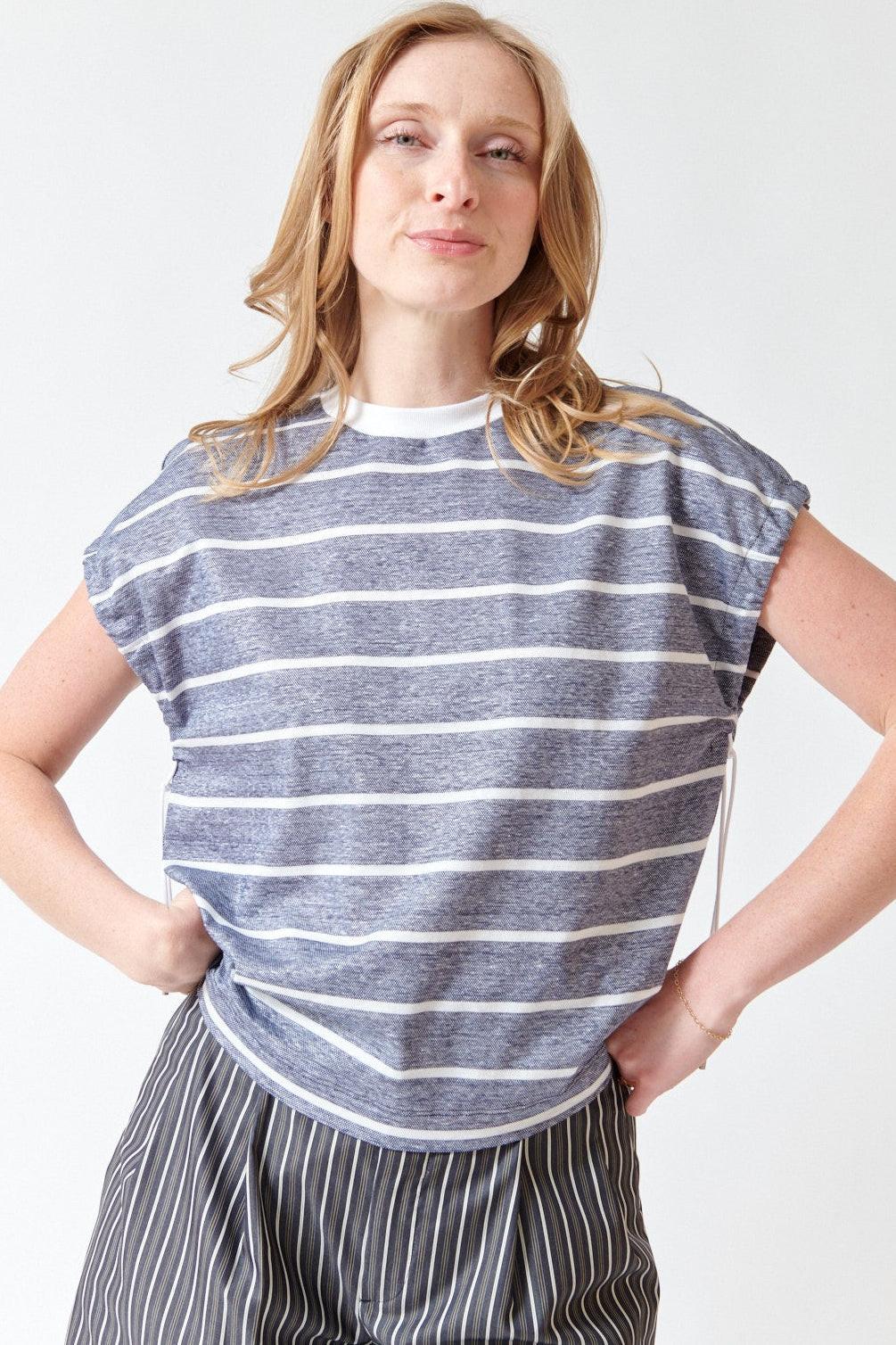 Madi wearing Peserico Striped Cotton Linen Piquet Jersey Top front view
