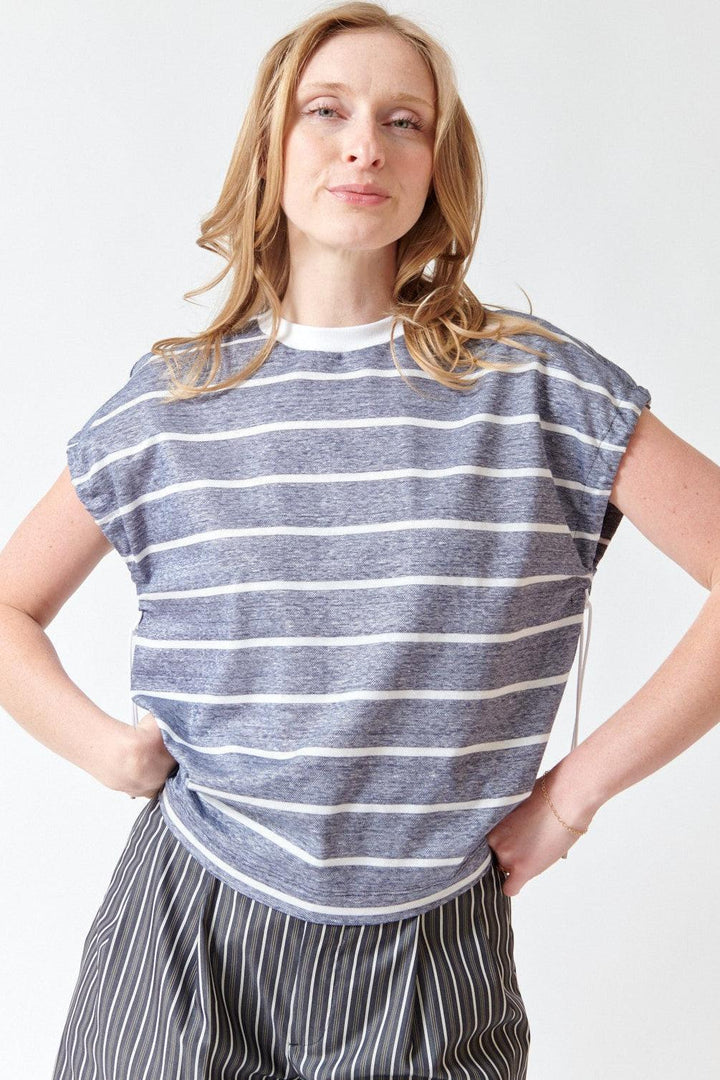 Madi wearing Peserico Striped Cotton Linen Piquet Jersey Top front view