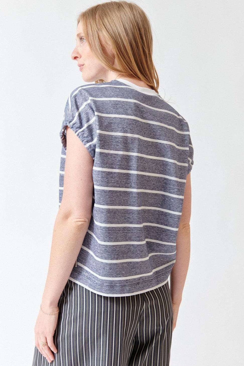 Madi wearing Peserico Striped Cotton Linen Piquet Jersey Top rear view