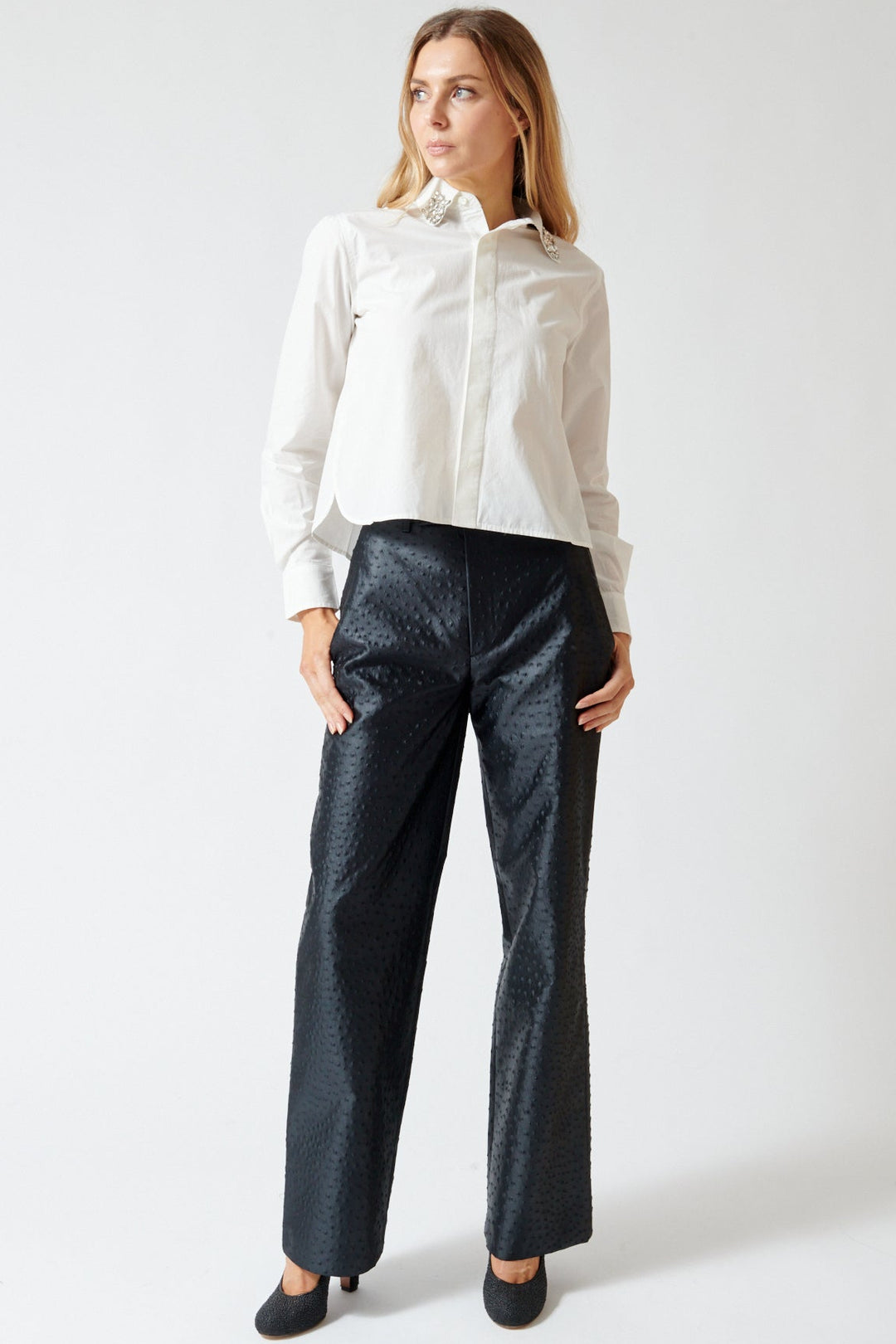 Mari wearing Róhe Ostrich Satin Trousers front view