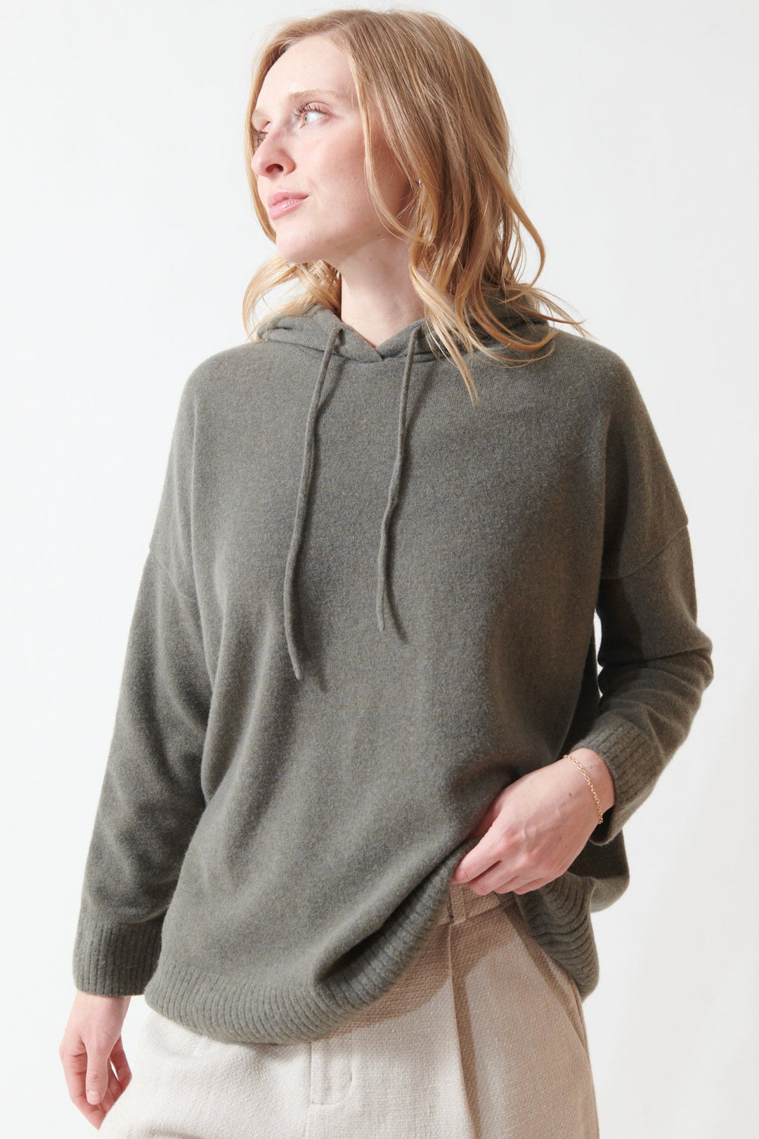 Madi wearing Evam Eva Press Wool Parka front view