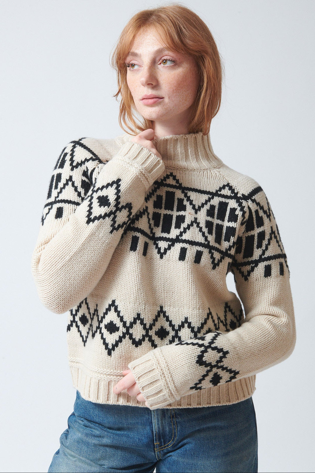 Waverly wearing White + Warren Merino Fair Isle Turtleneck front view