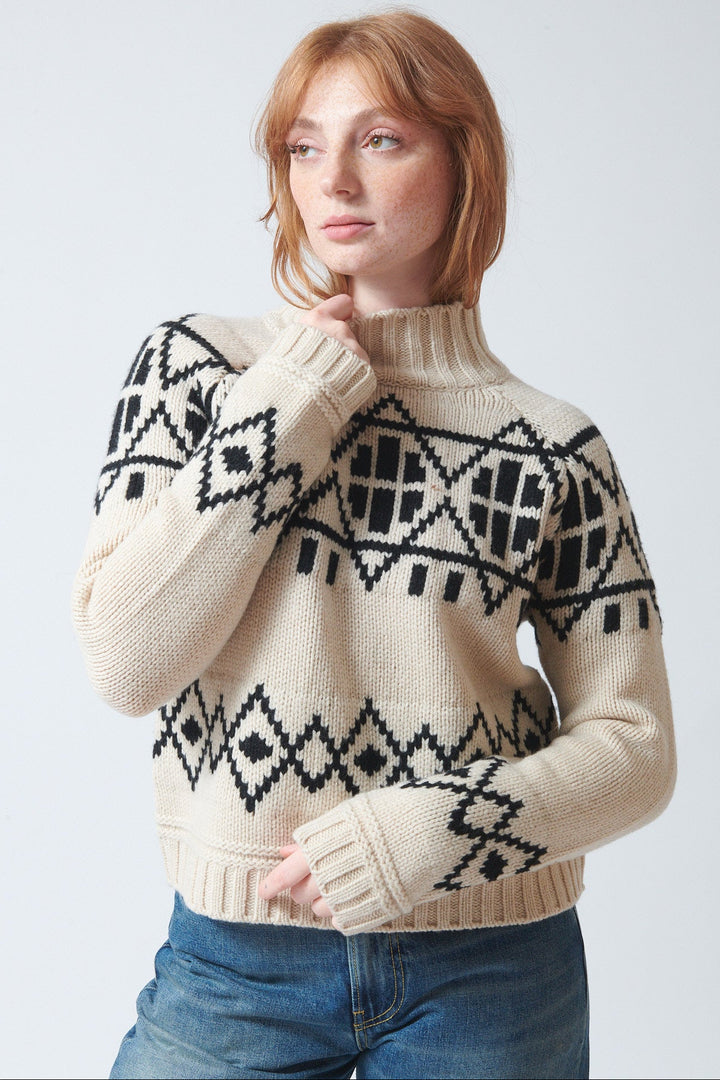 Waverly wearing White + Warren Merino Fair Isle Turtleneck front view