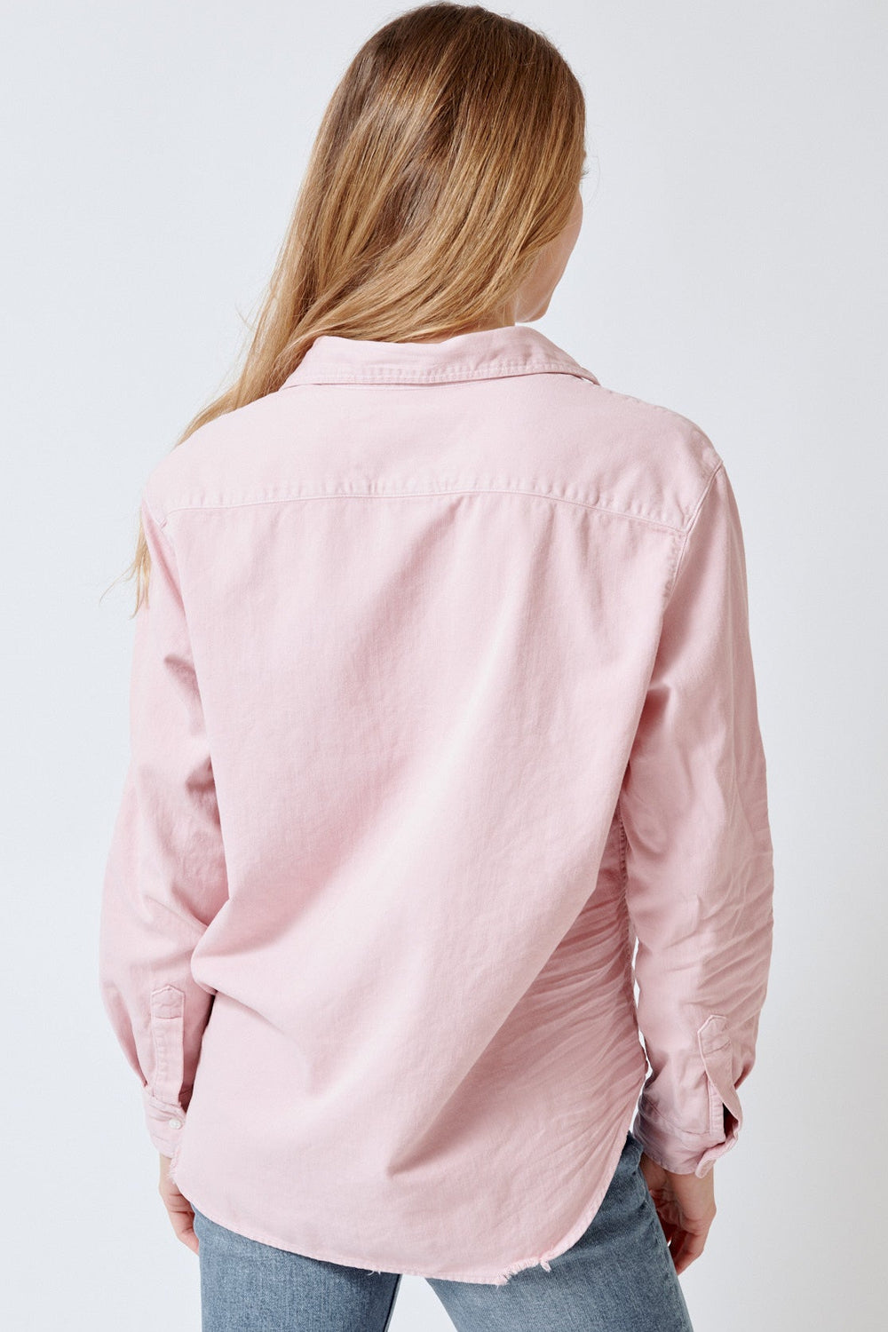 Mari wearing Frank & Eileen Eileen Relaxed Button Up Shirt rear view