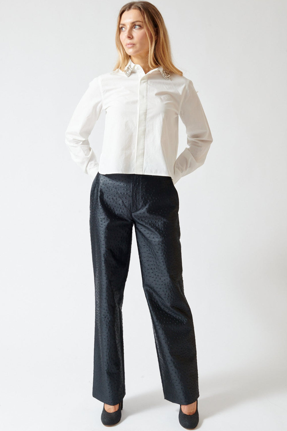 Mari wearing Róhe Ostrich Satin Trousers front view