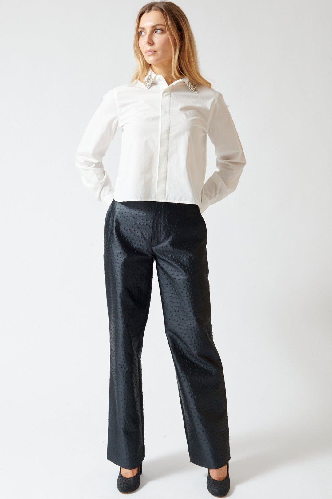 Mari wearing Róhe Ostrich Satin Trousers front view