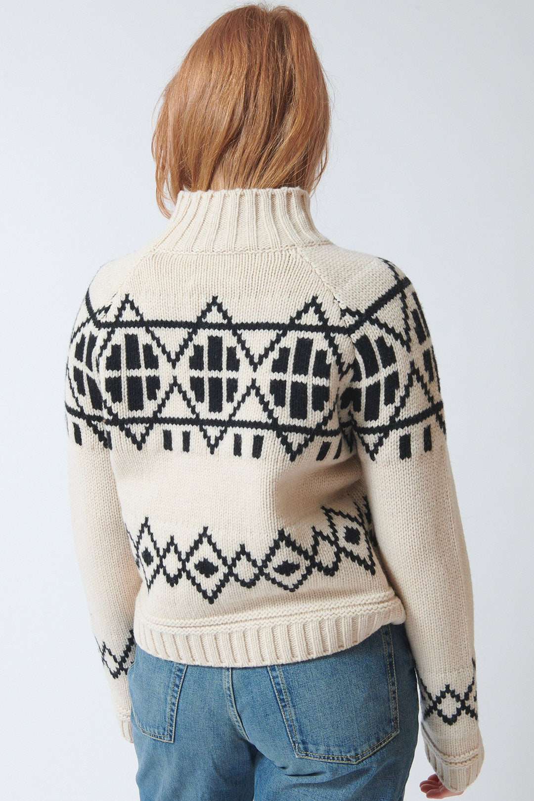 Waverly wearing White + Warren Merino Fair Isle Turtleneck rear view