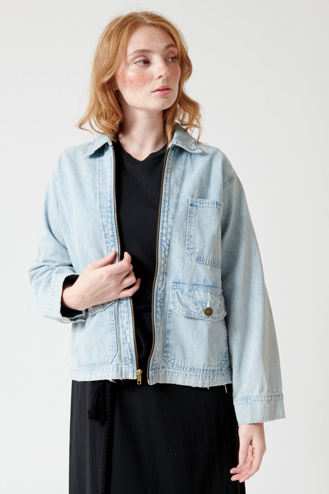 Waverly wearing The Great The Zip Front Chore Jacket