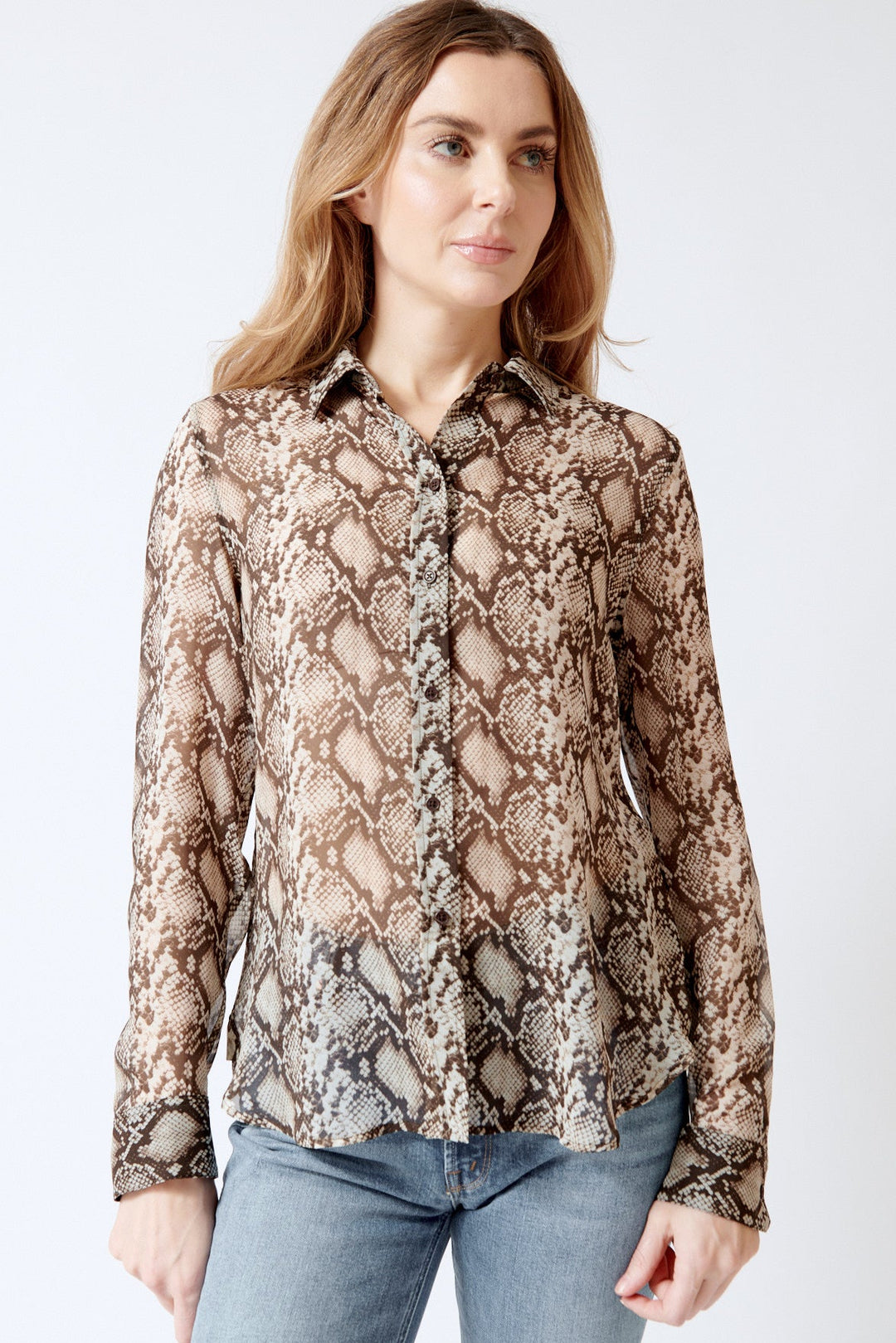 Mari wearing Nili Lotan Gaia Slim Shirt front view