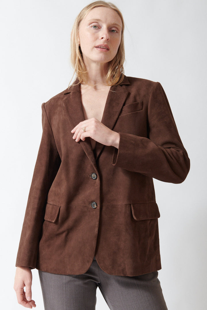 Madi wearing Seventy Mary Suede Blazer front view
