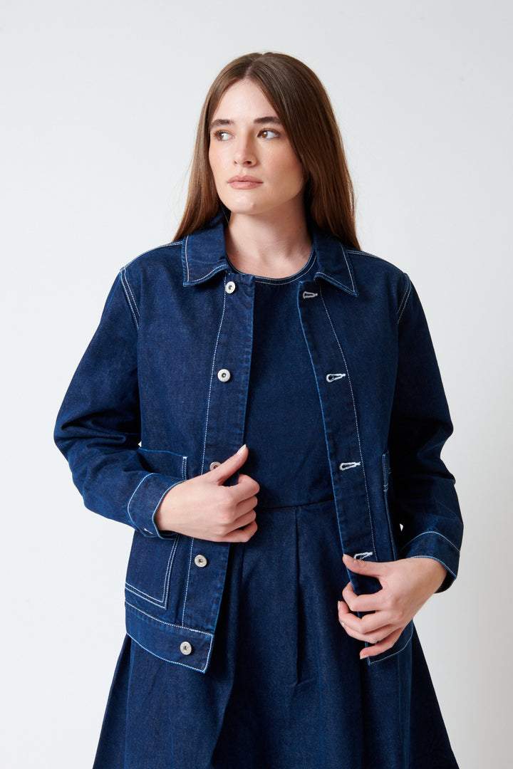 Julia wearing Kowtow Worker Jacket front view