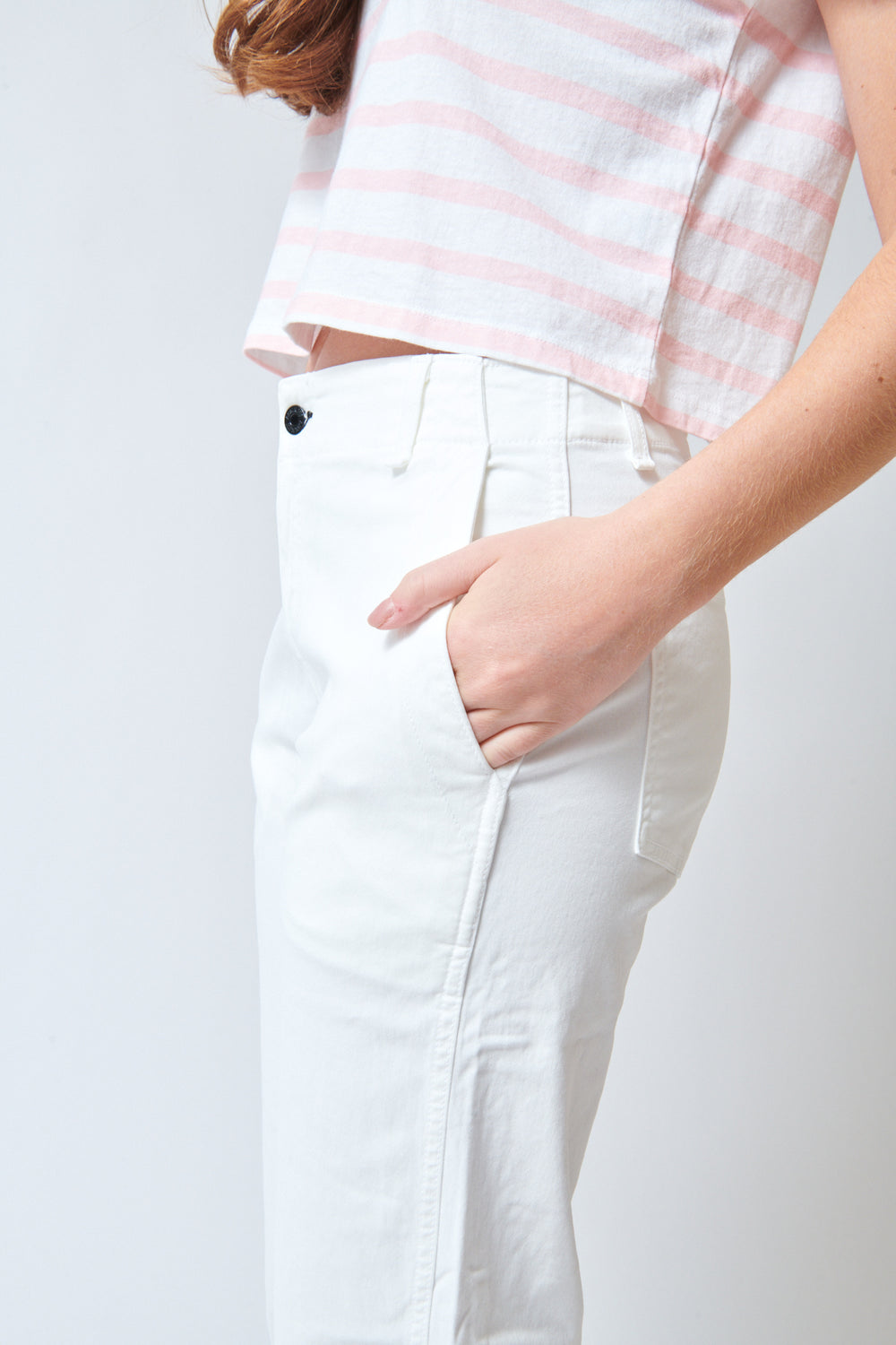 Julia wearing ASKK NY Tomboy Twill side/detail view