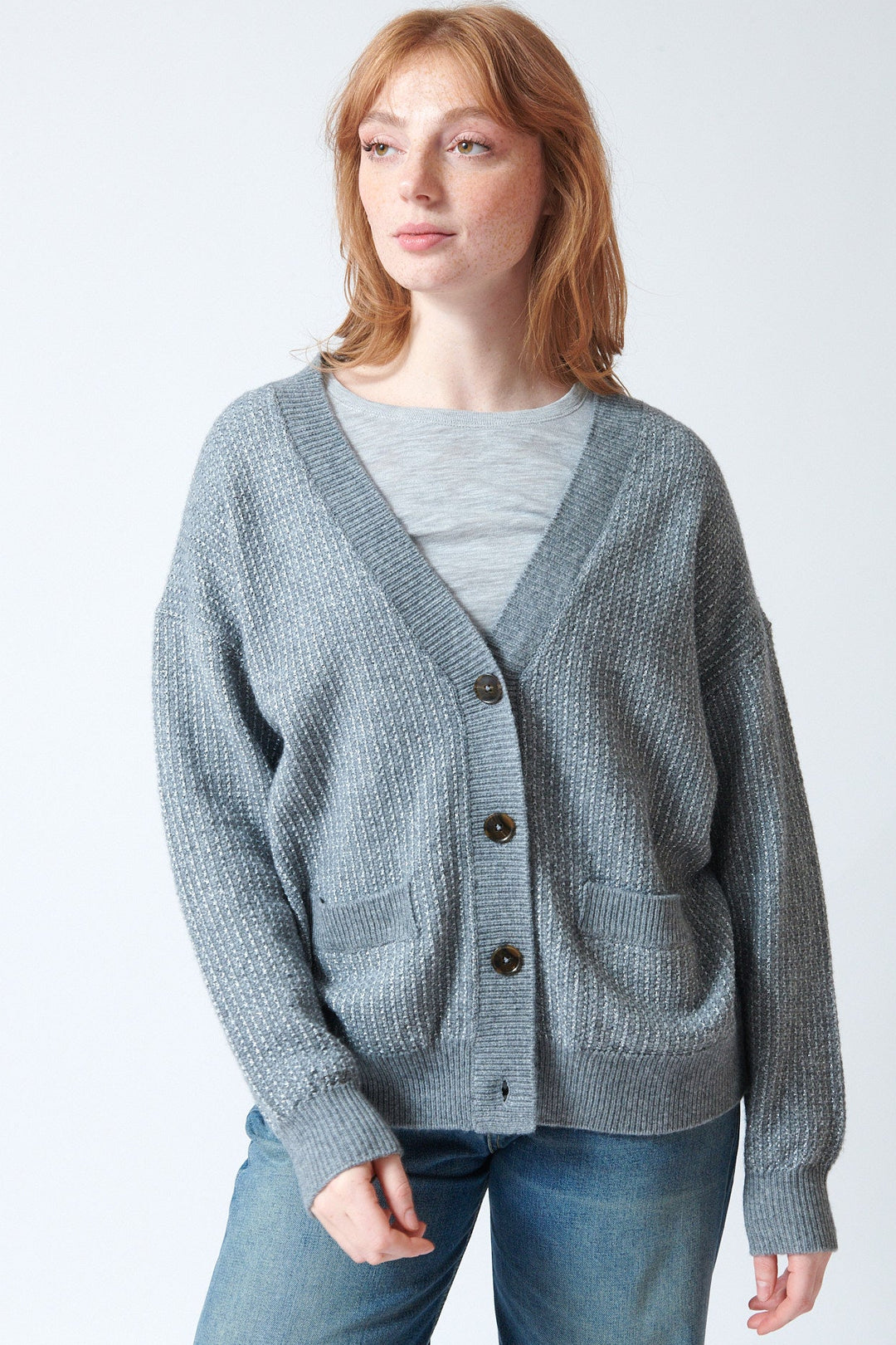 Waverly wearing Jumper 1234 Lurex Birdseye Cardigan front view