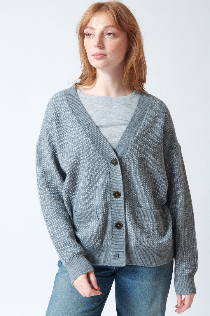 Waverly wearing Jumper 1234 Lurex Birdseye Cardigan front view