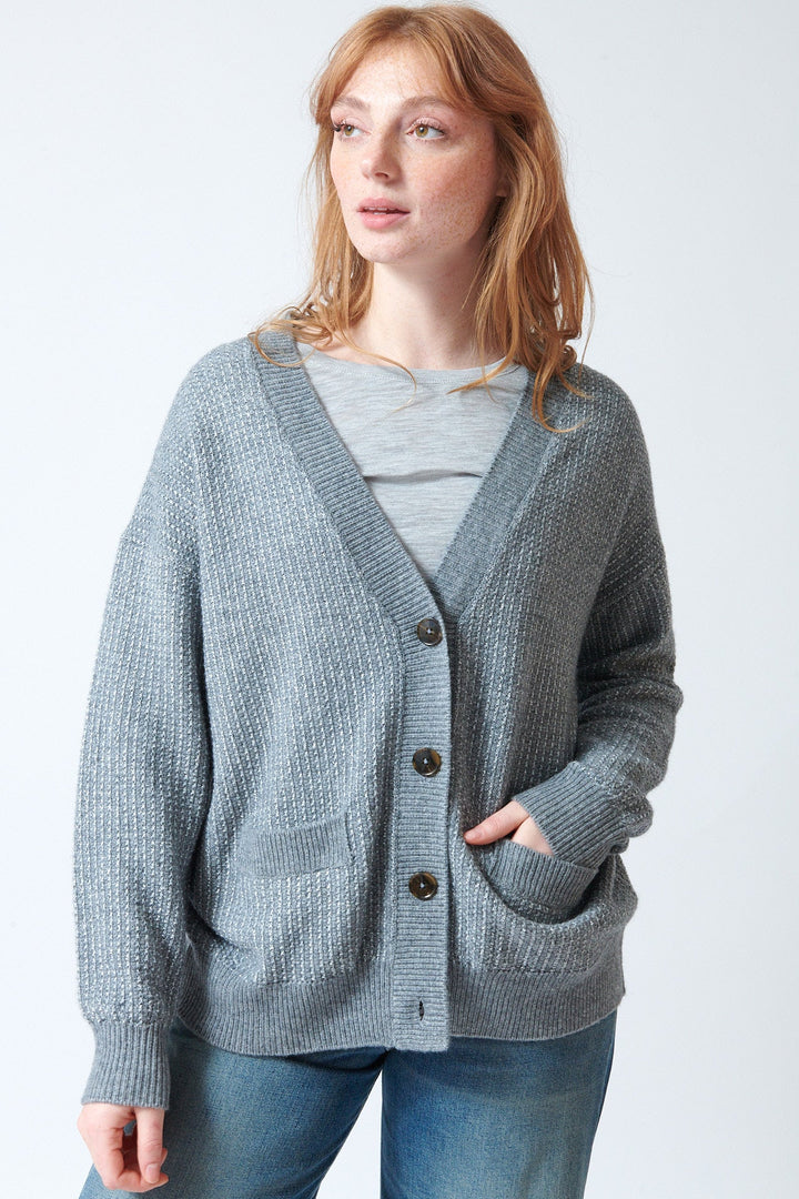 Waverly wearing Jumper 1234 Lurex Birdseye Cardigan front view