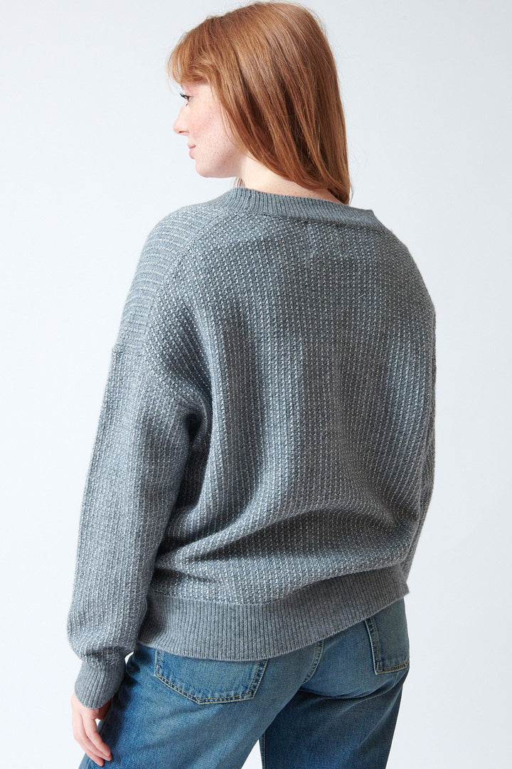 Waverly wearing Jumper 1234 Lurex Birdseye Cardigan rear view