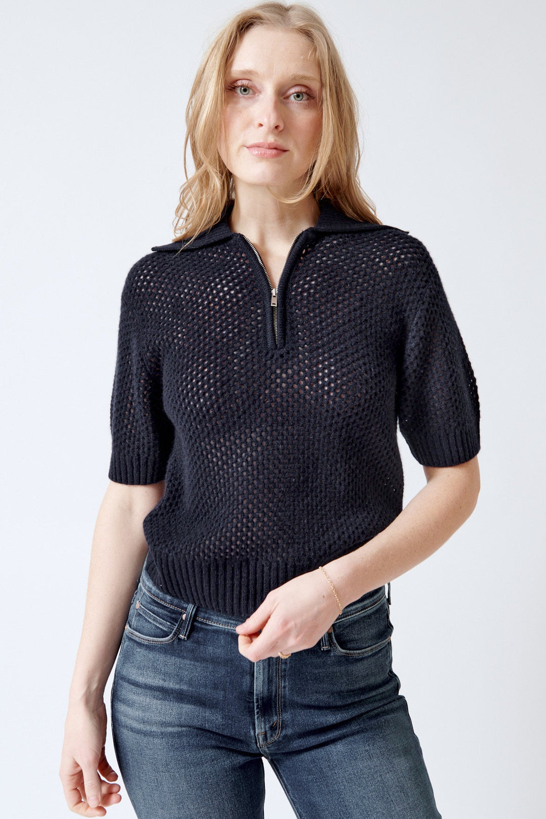 Mari wearing White + Warren Cashmere Mesh Polo front view