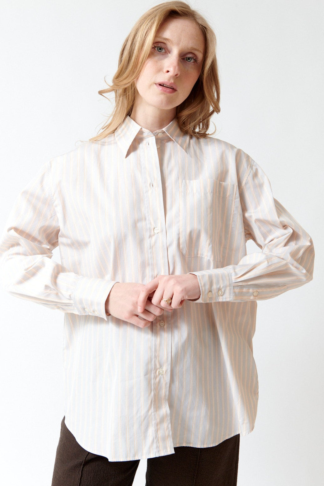 Madi wearing Soeur Striped Cotton Poplin Carlotta Shirt front view