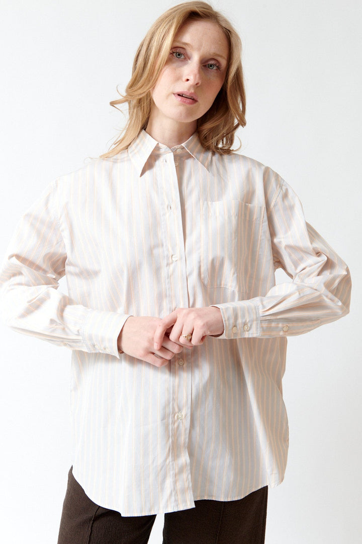 Madi wearing Soeur Striped Cotton Poplin Carlotta Shirt front view