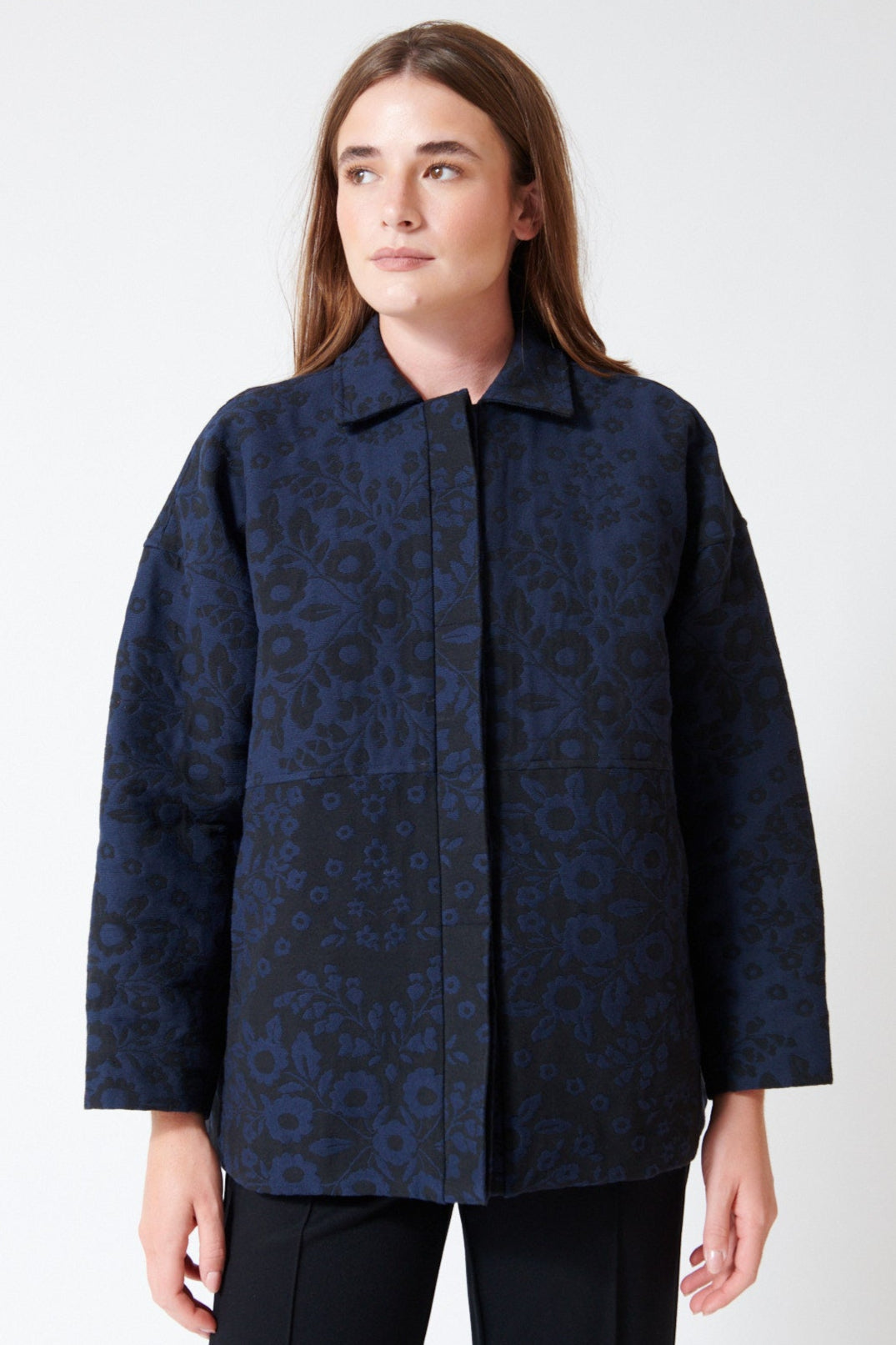 Julia wearing Fabiana Pigna Romi French Double Faced Floral Jacquard Jacket Blue Floral in Blue Floral, front view.