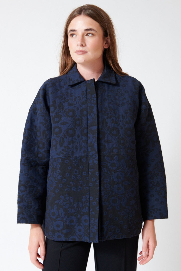 Julia wearing Fabiana Pigna Romi French Double Faced Floral Jacquard Jacket Blue Floral in Blue Floral, front view.