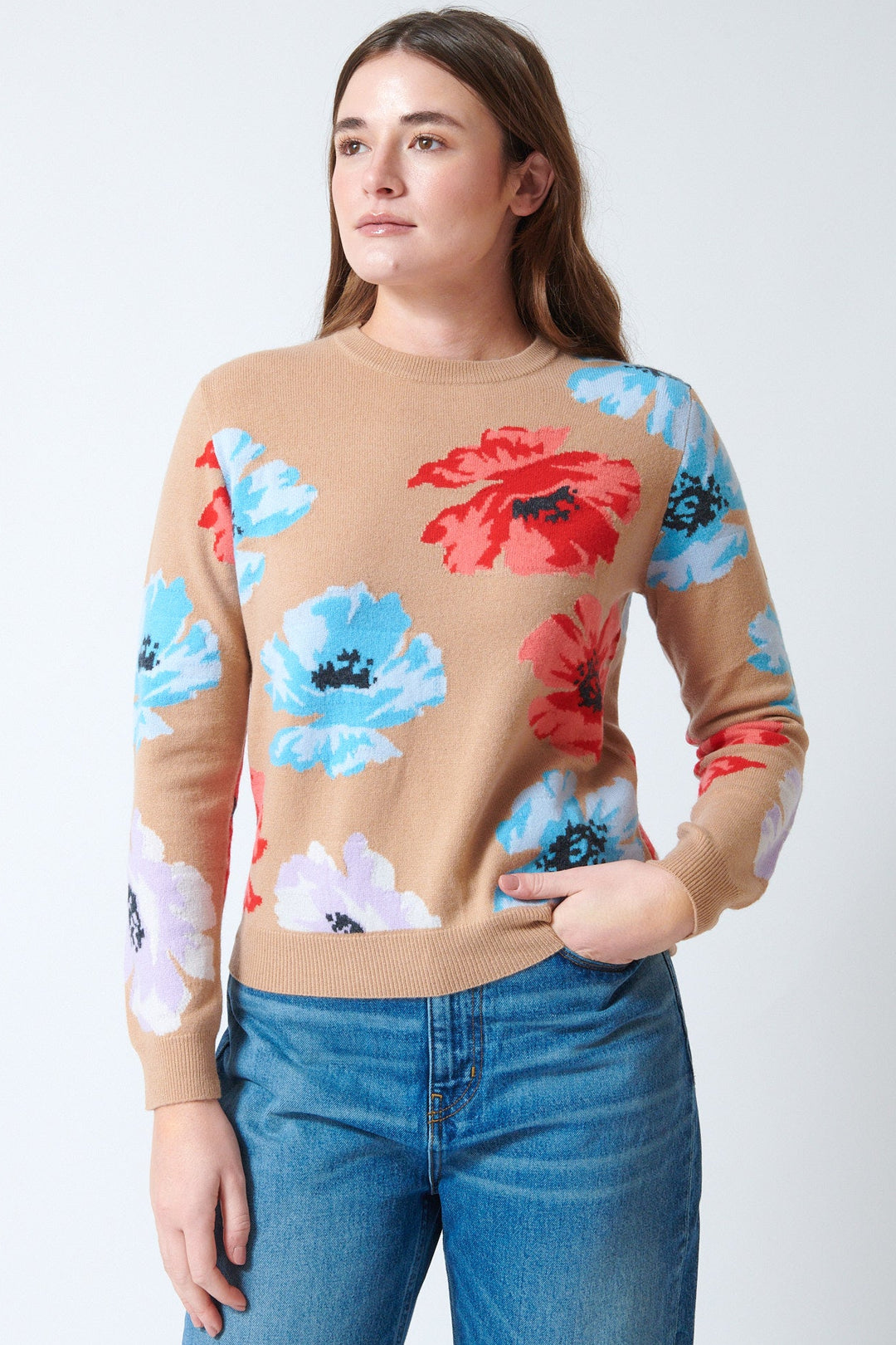 Julia wearing Jumper 1234 Floral Pop Crew front view