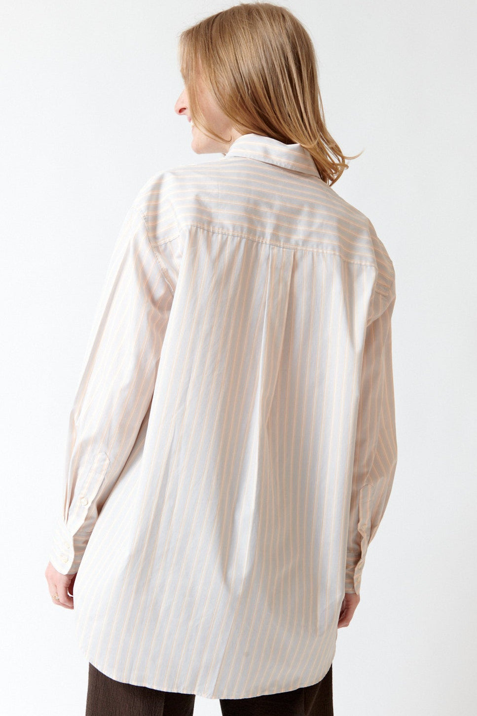 Madi wearing Soeur Striped Cotton Poplin Carlotta Shirt rear view