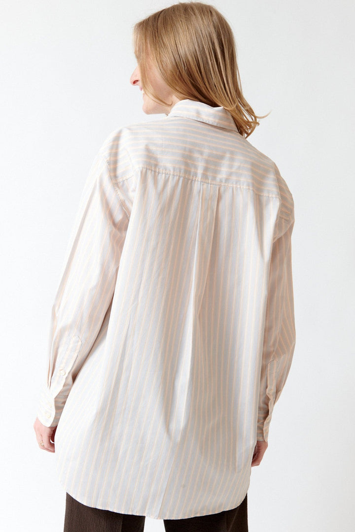 Madi wearing Soeur Striped Cotton Poplin Carlotta Shirt rear view