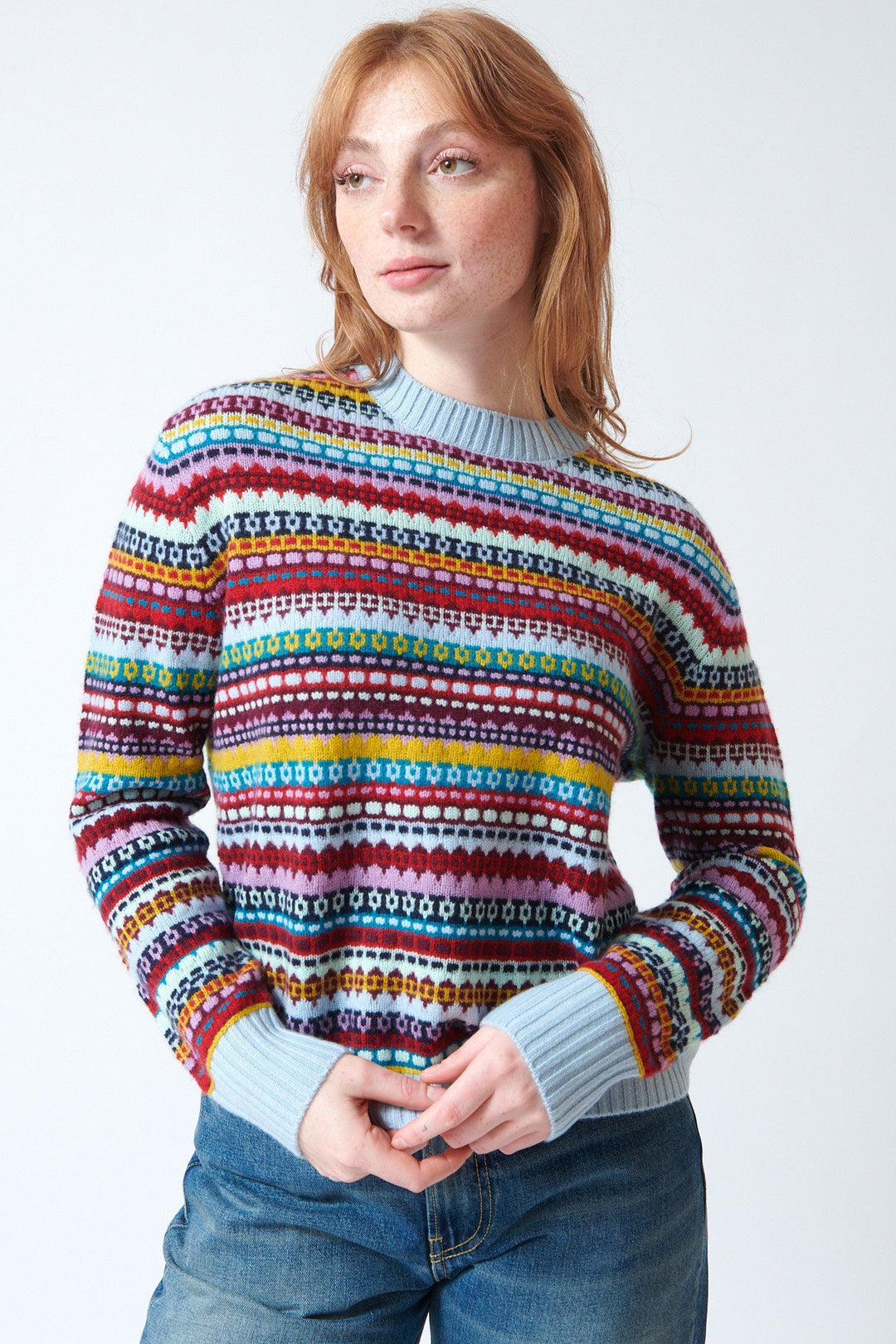 Waverly wearing White + Warren Cashmere Fair Isle Crewneck front view