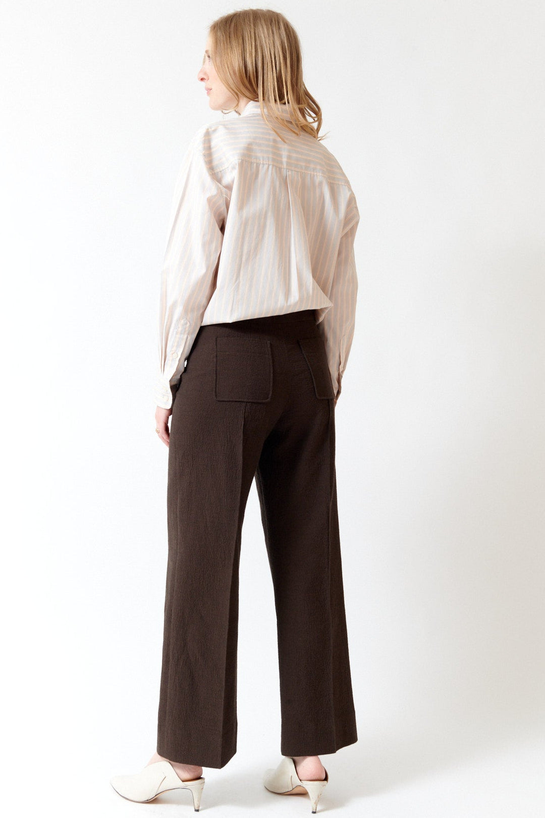 Madi wearing Soeur Waffle Finish Cotton Harry Trousers rear view