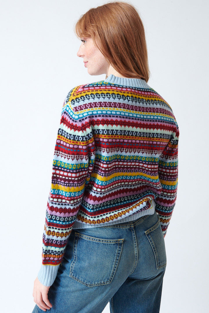 Waverly wearing White + Warren Cashmere Fair Isle Crewneck rear view