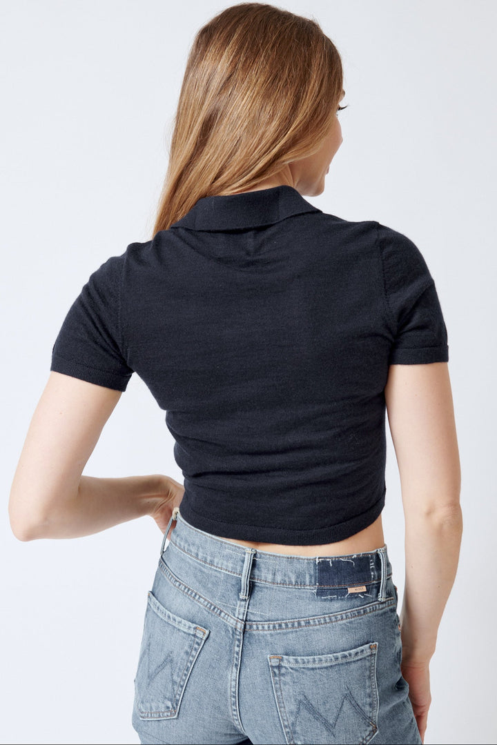 Mari wearing Allude Cashmere Quarter Sleeve Polo Sweater rear view