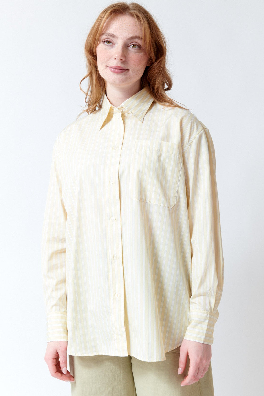 Waverly wearing Soeur Striped Cotton Poplin Carlotta Shirt front view