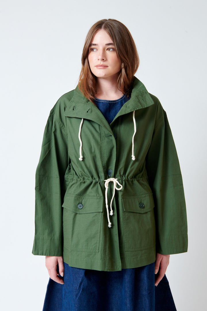 Julia wearing Kowtow Echo Jacket front view