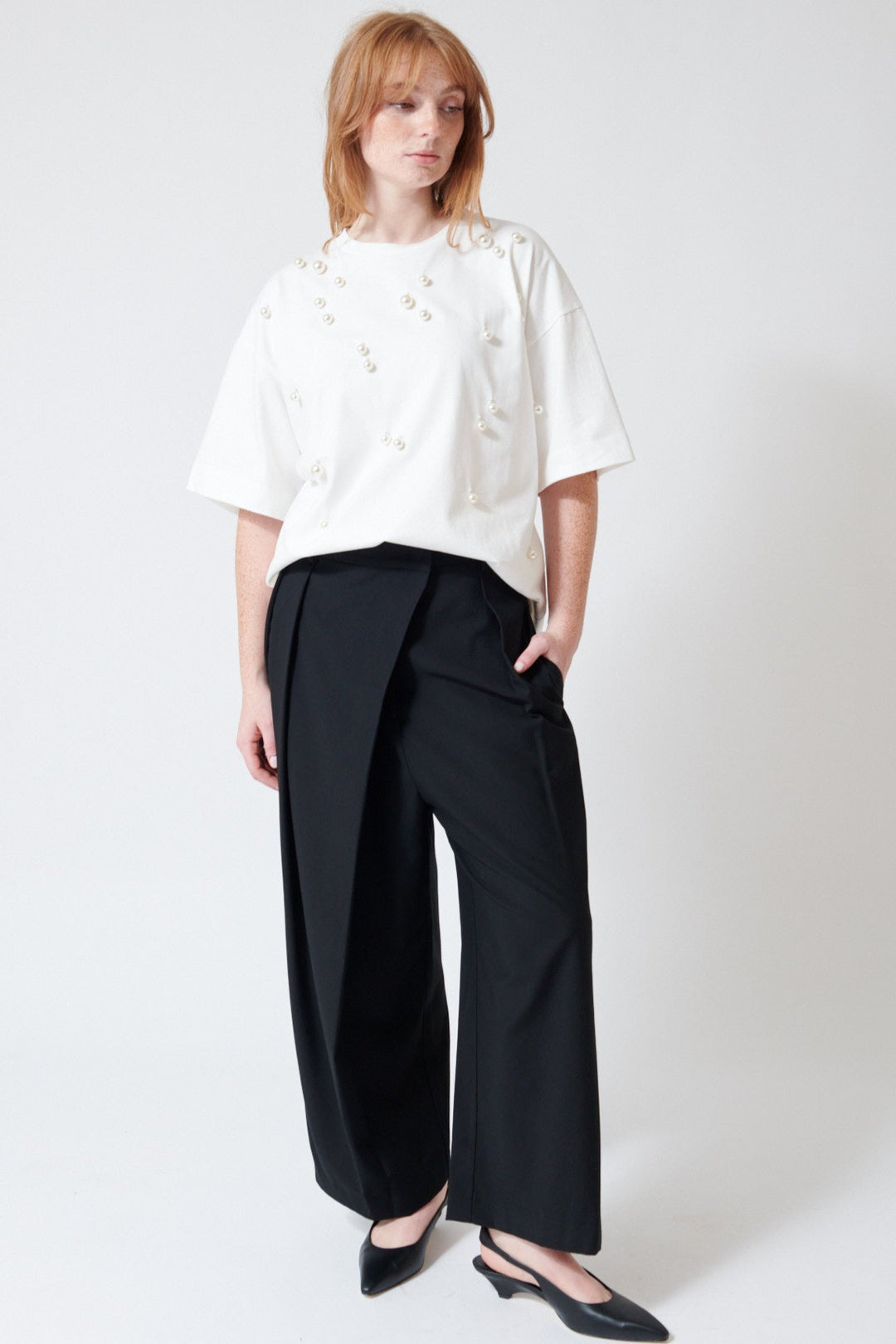 Waverly wearing Meimeij Wide Leg Wrap Trouser front view