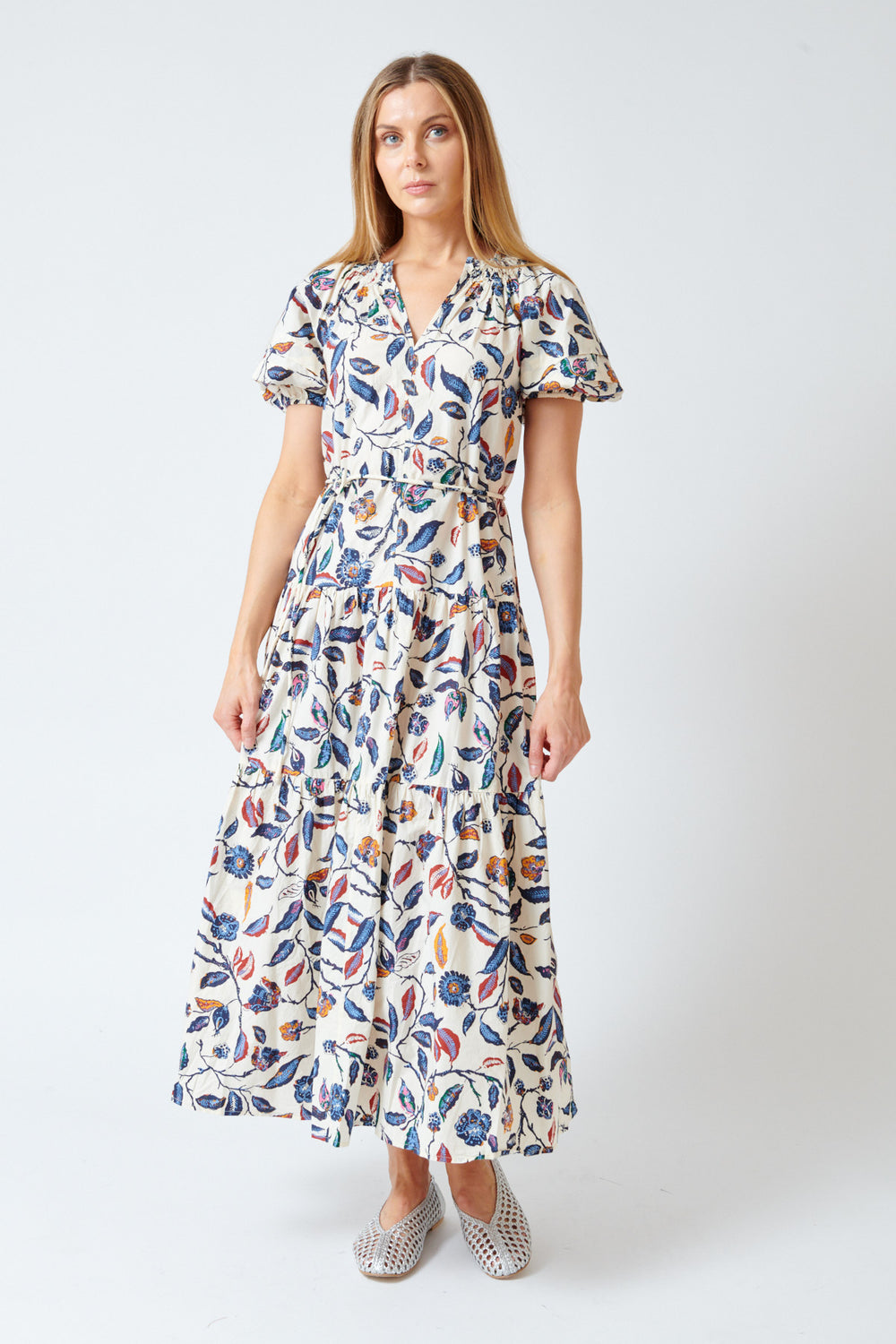 Mari wearing Apiece Apart Uva Romantic Maxi Dress front view