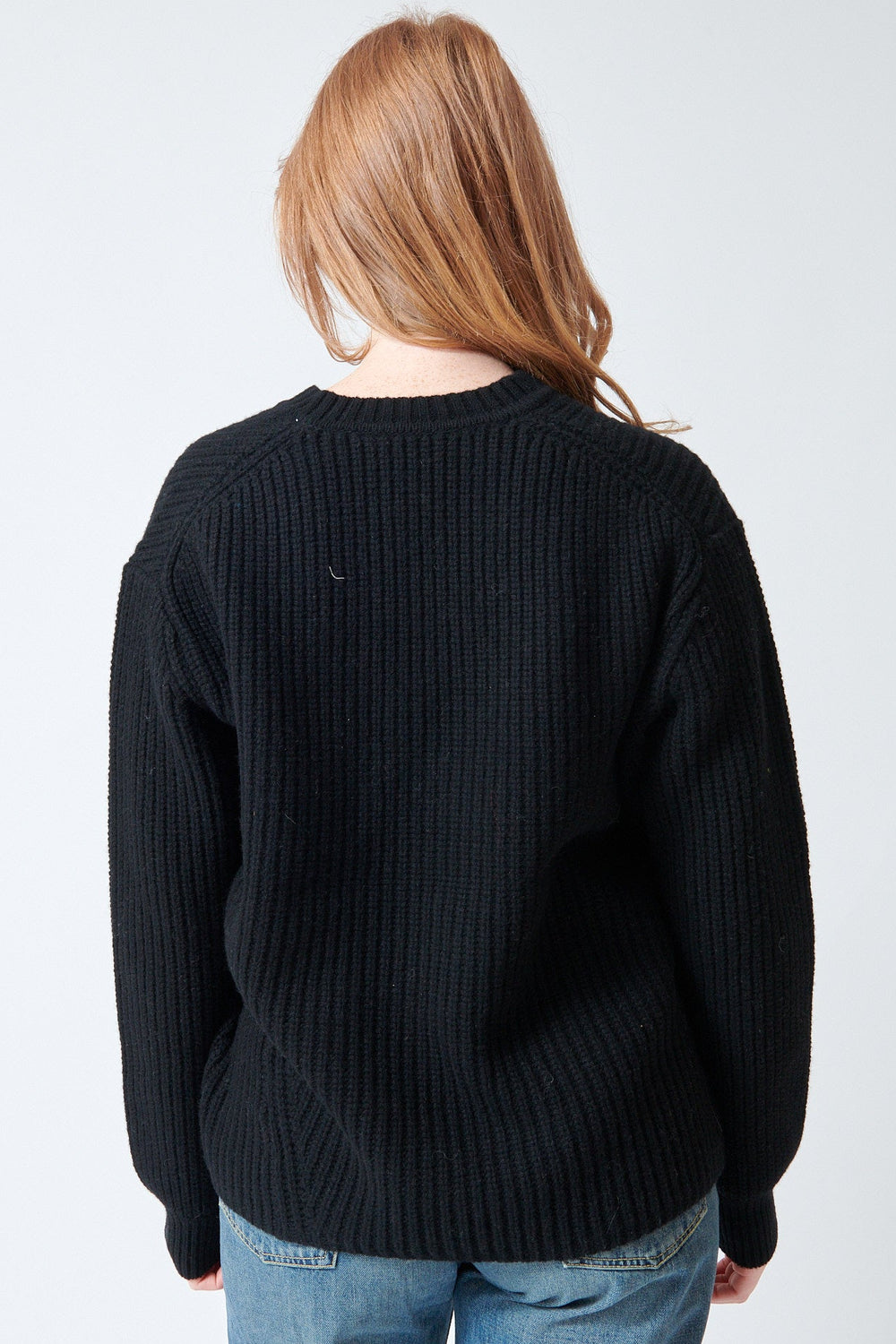 Waverly wearing 6397 Angled Rib V Neck rear view