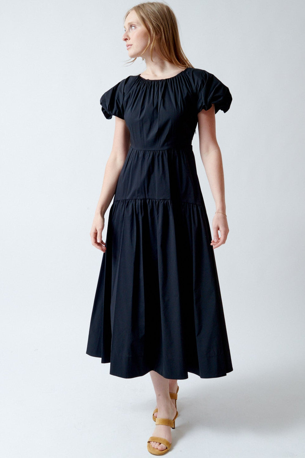 Madi wearing Meimeij Short Puff Sleeve Long Dress front view