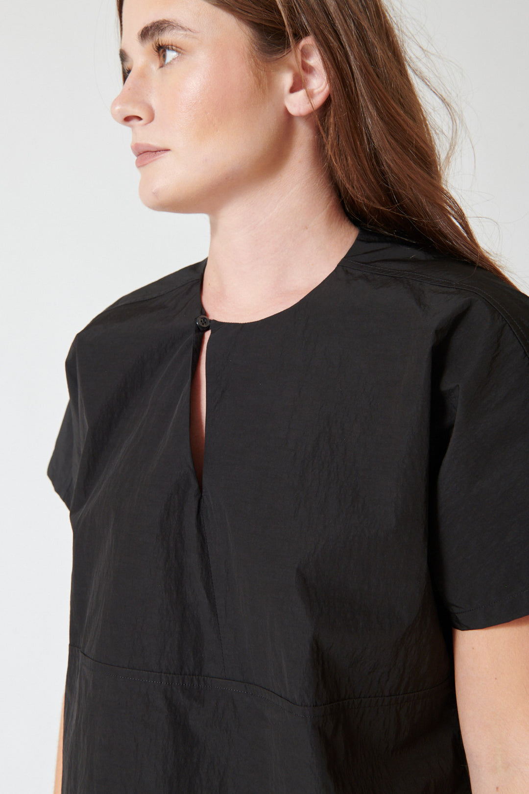 Julia wearing Fabiana Pigna Mette Italian Paper Taffeta Blouse front/detail view