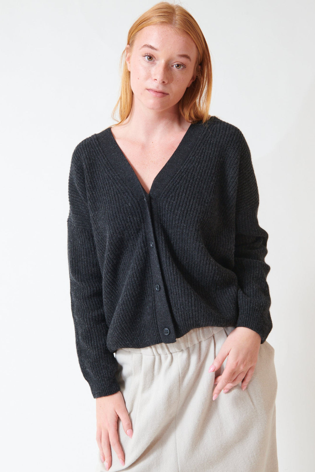 Aysia wearing Evam Eva Wool Fox Aze Cardigan front view