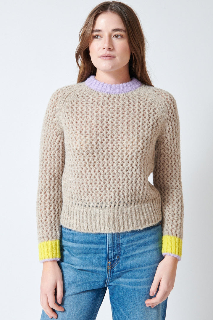 Julia wearing Lilla P Contrast Trim Crewneck Sweater front view